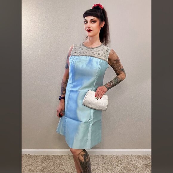 60s Vintage Powder Blue MOD Dress Sleeveless Mini Linen Formal MCM set purse M - Picture 1 of 13